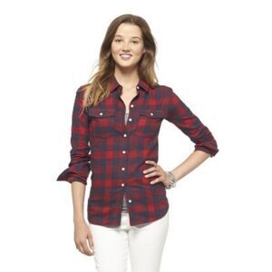 Mossimo Long Sleeve Flannel Button Down Red Navy Shirt Small S
